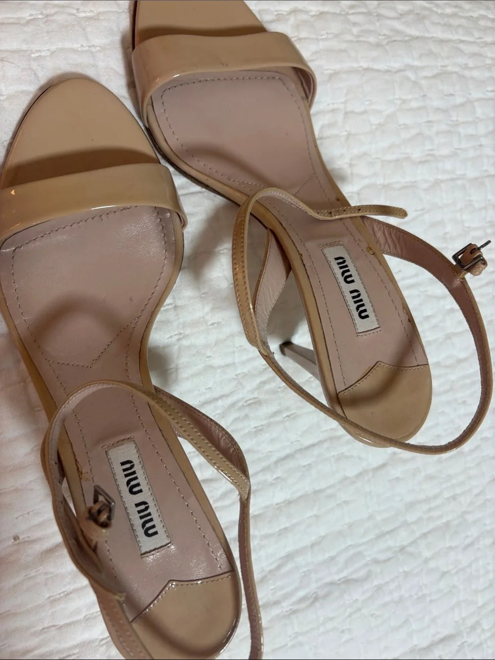 Miu Miu Beige Patent Leather Ankle-Strap Heels